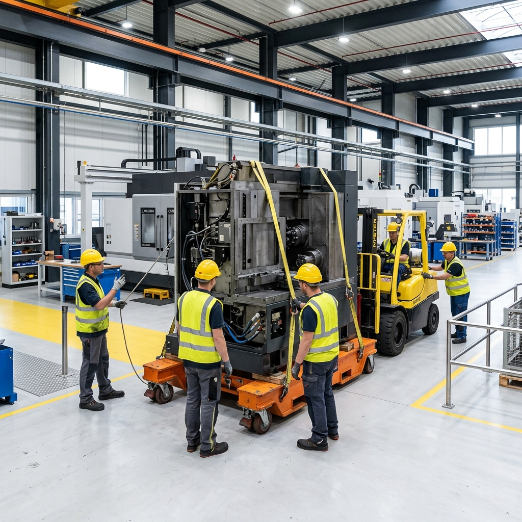 Fabrika taşımacılığı – ağır sanayi makineleri modern fabrika içinde profesyonel ekiple taşınıyor