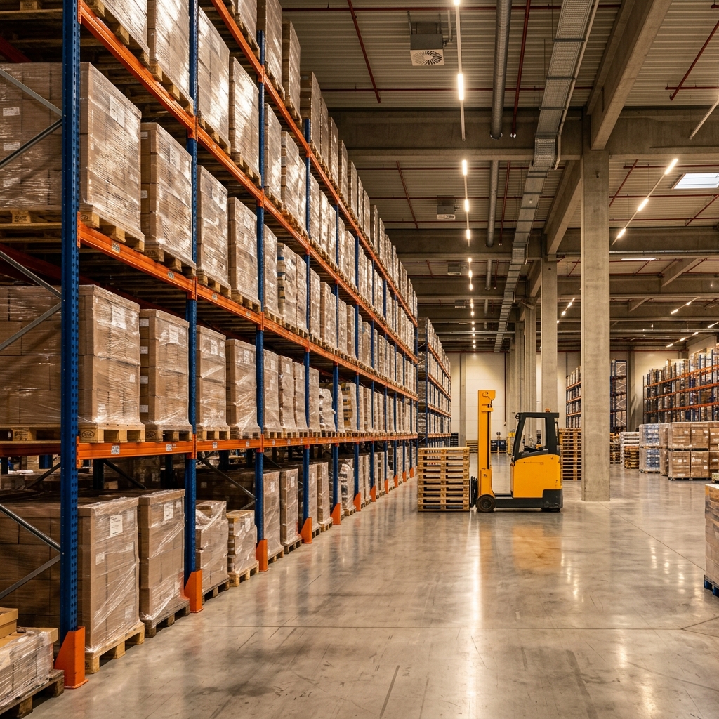 Kurumsal lojistik – büyük modern dağıtım deposu yüksek raflar ve forkliftlerle çalışıyor